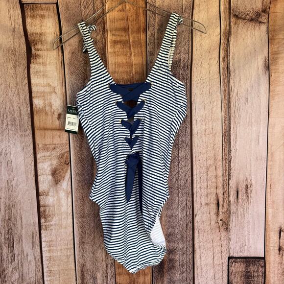 Lauren Ralph Lauren Swimsuit Painterly Stripe One Piece Size 16 Slimming NWT - Picture 2 of 10